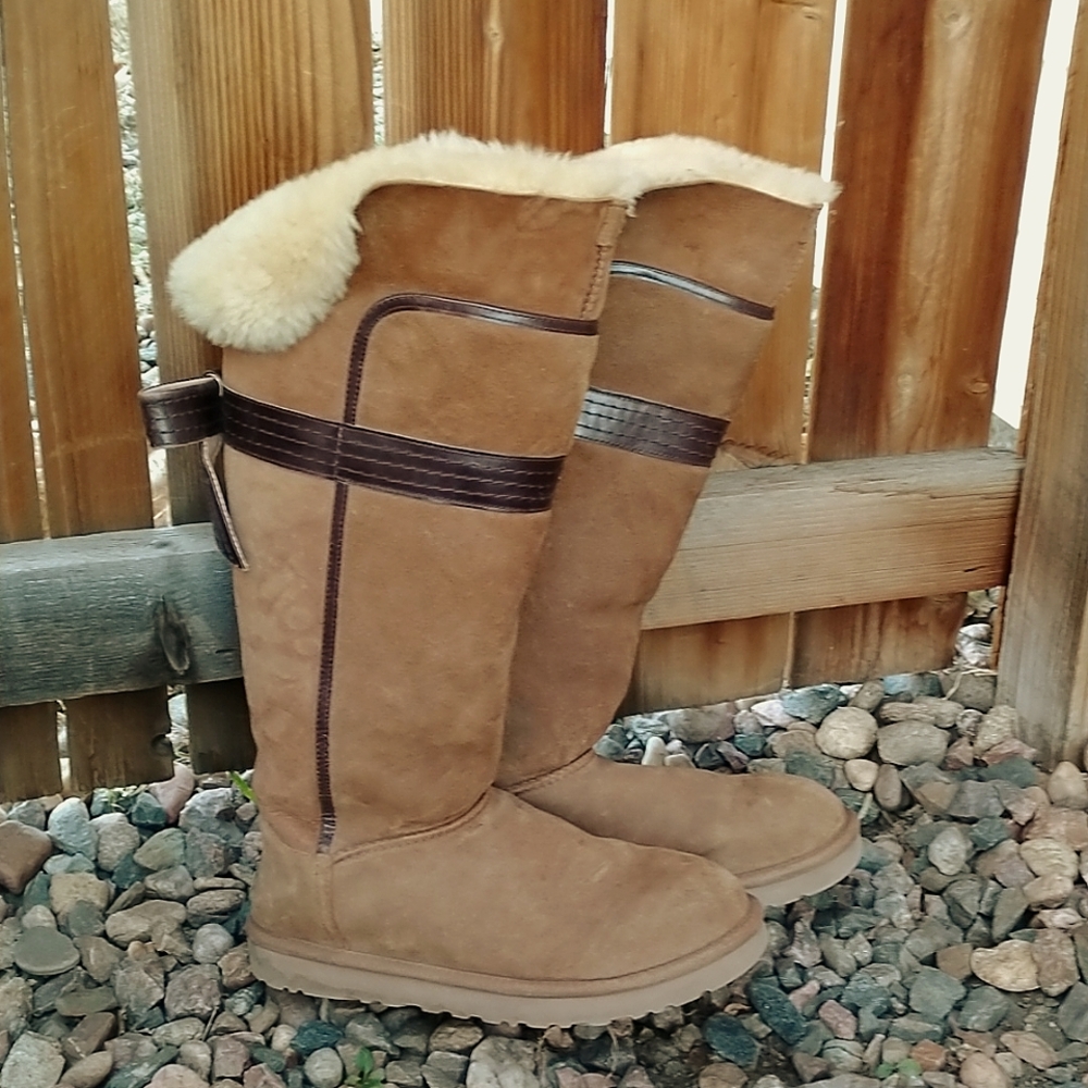 UGG Tall Chestnut Suede Boot with Shearling Cuff - Picture 3 of 12